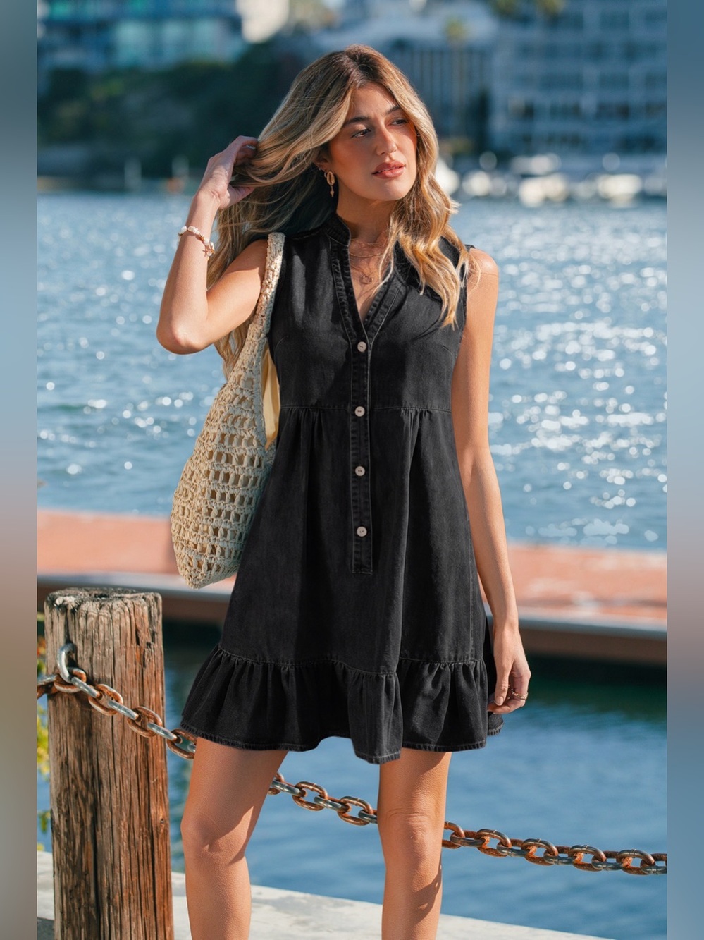 Black Denim Sleeveless Ruffle Hem Buttoned Mini Dress